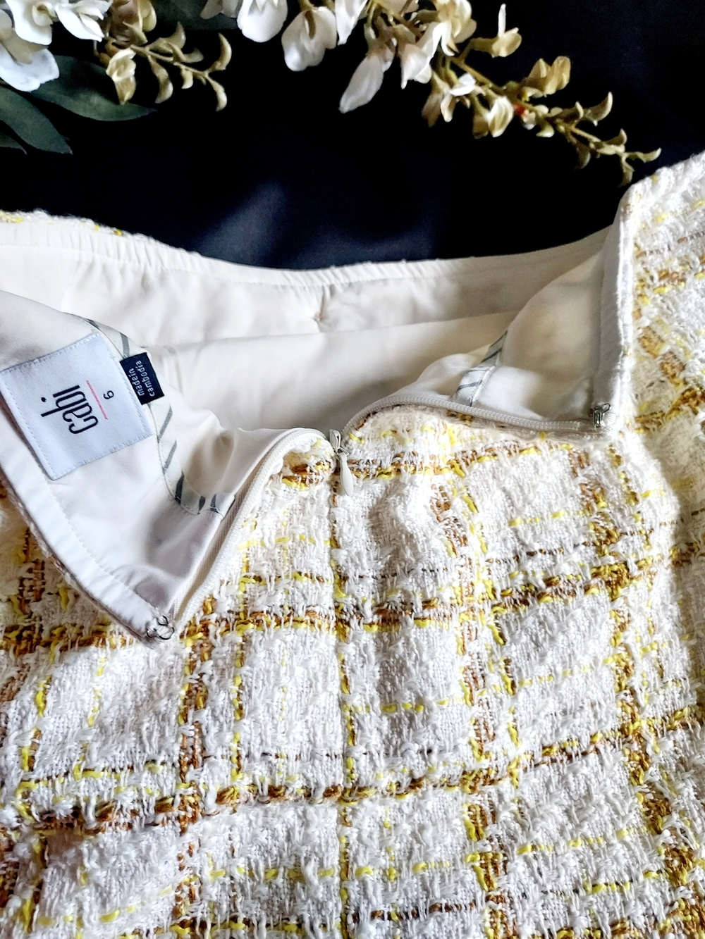 CAbi Cream Tweed Mini Skirt with Gold Plaid NWOT - Picture 3 of 7